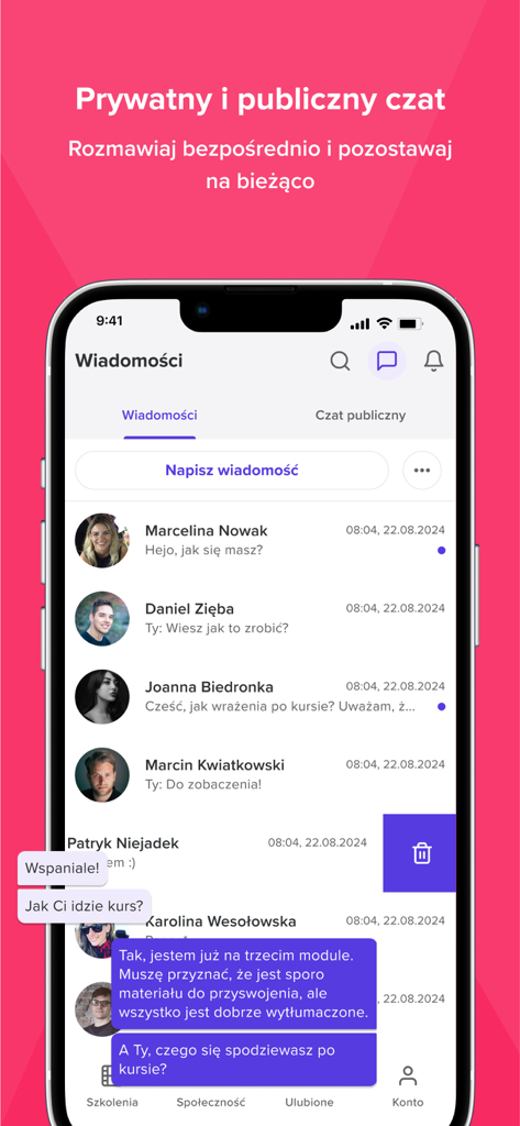 Web To Learn GO Mobile App Messaging-Bildschirm, der private und öffentliche Chatfunktionen für die Interaktion der Studentengemeinschaft zeigt
