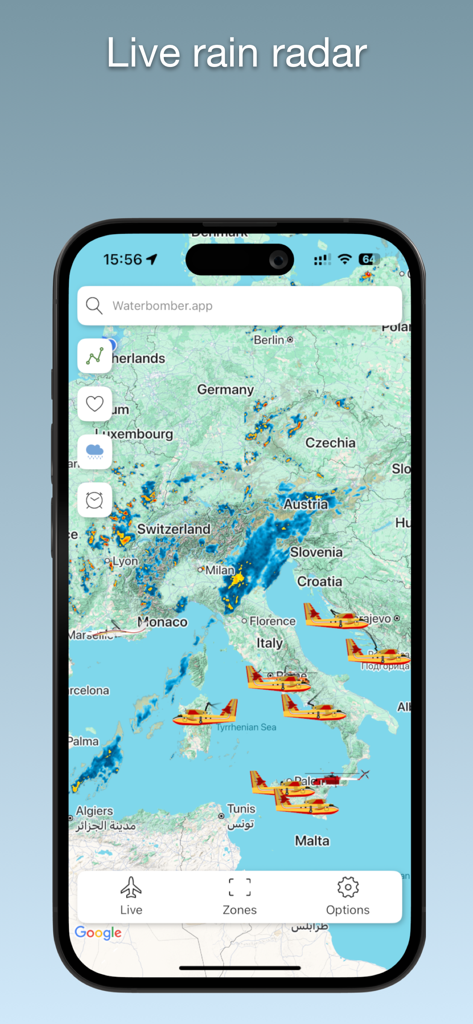 Eine mobile Oberfläche der Waterbomber App, die eine Live-Regenradar-Karte mit Symbolen von Löschflugzeugen über Europa anzeigt.