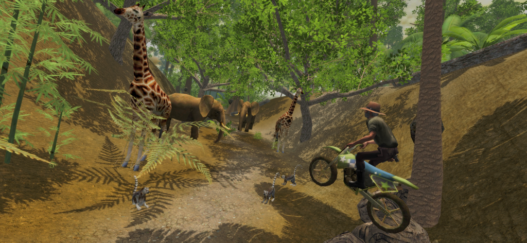 4x4 Safari: Evolution-U - A player riding a motorbike through a safari environment with giraffes and elephants