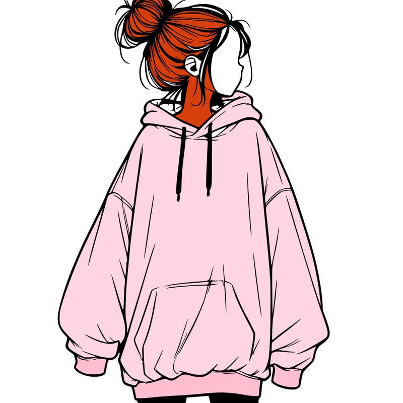 realistic girl with a oversized sweatshirt on and a bun