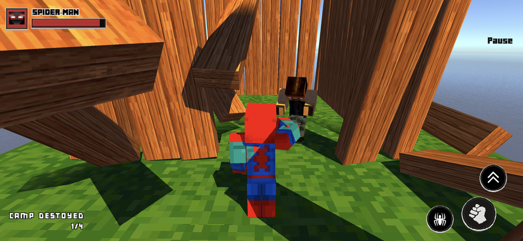 Minecraft Spider-Man Adventure - Spider-Man character confronting an enemy in a blocky Minecraft style environment