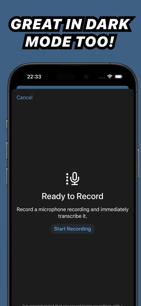 Whisper Transcription app interface in dark mode showing the recording screen