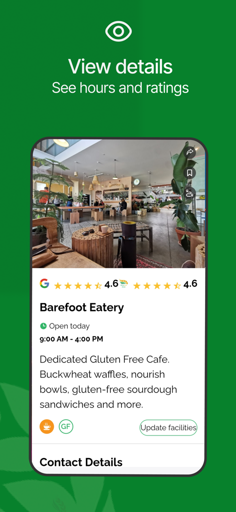Perfil de restaurante de la aplicación Gluten Free Global que muestra calificaciones y opciones de menú sin gluten para Barefoot Eatery.