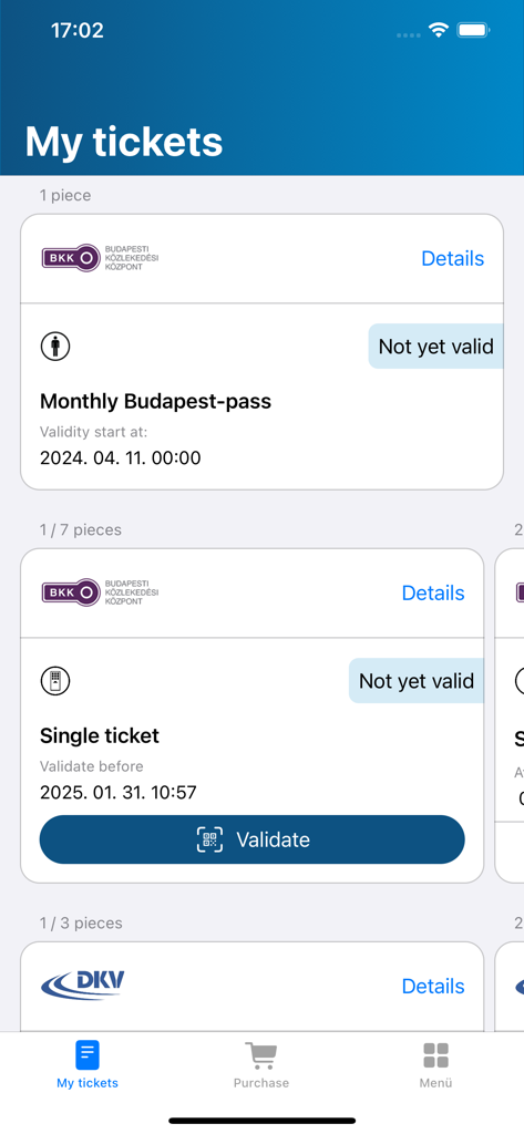 Interfaccia dell'app Mobiljegy che mostra un elenco di biglietti e abbonamenti per il trasporto pubblico di Budapest acquistati