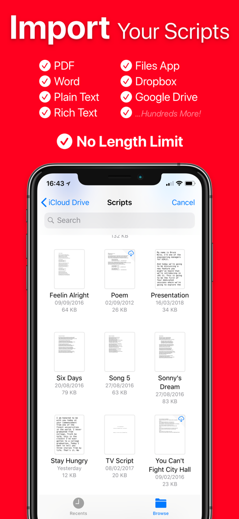 Video Teleprompter - Screen showing script import options for Video Teleprompter including cloud storage and various file formats