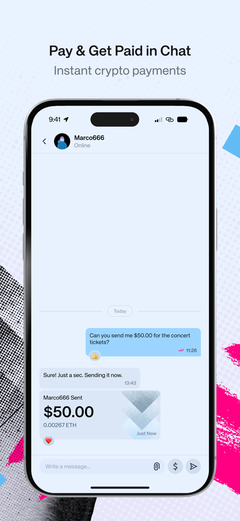 TOMI Web3 SuperApp chat interface showing a fifty dollar Ethereum payment between users