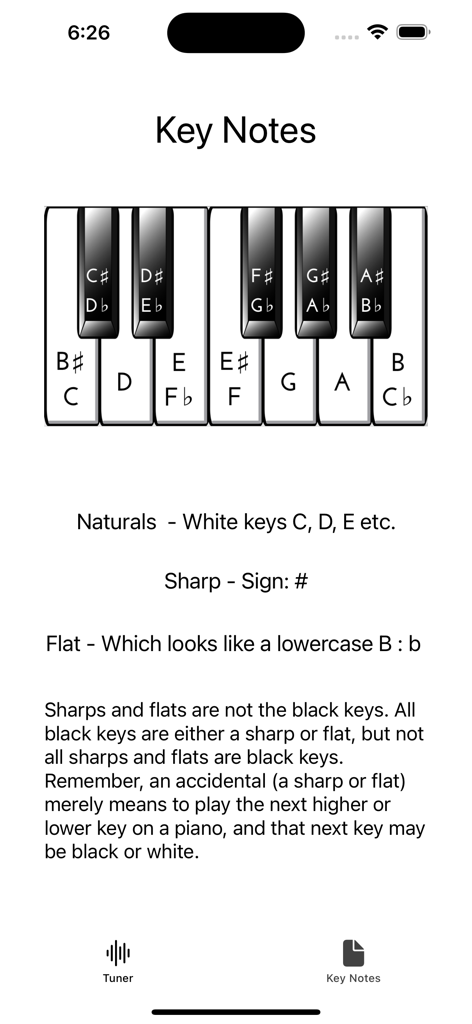 Pitched Tuner - Diagrama educativo de un teclado de piano explicando las notas naturales, sostenidas y bemoles en la aplicación Pitched Tuner.