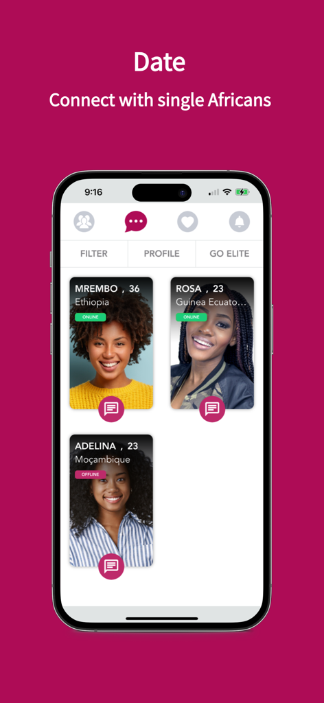 Africa Love Match app interface showing dating profiles of single African women from Ethiopia and Mozambique