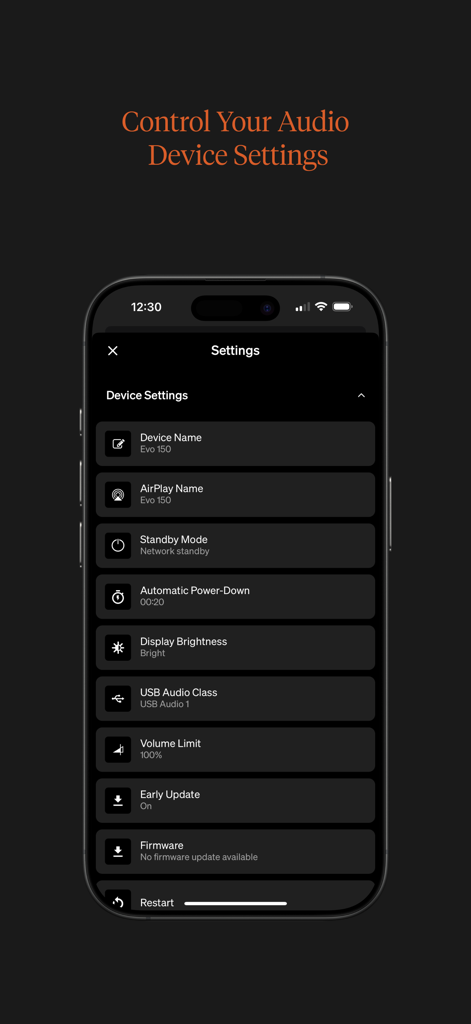 StreamMagic by Cambridge Audio - Interface de l'application mobile affichant les paramètres de l'appareil pour un lecteur Hi-Fi Cambridge Audio, y compris le nom de l'appareil, le mode veille et les options de luminosité de l'écran.