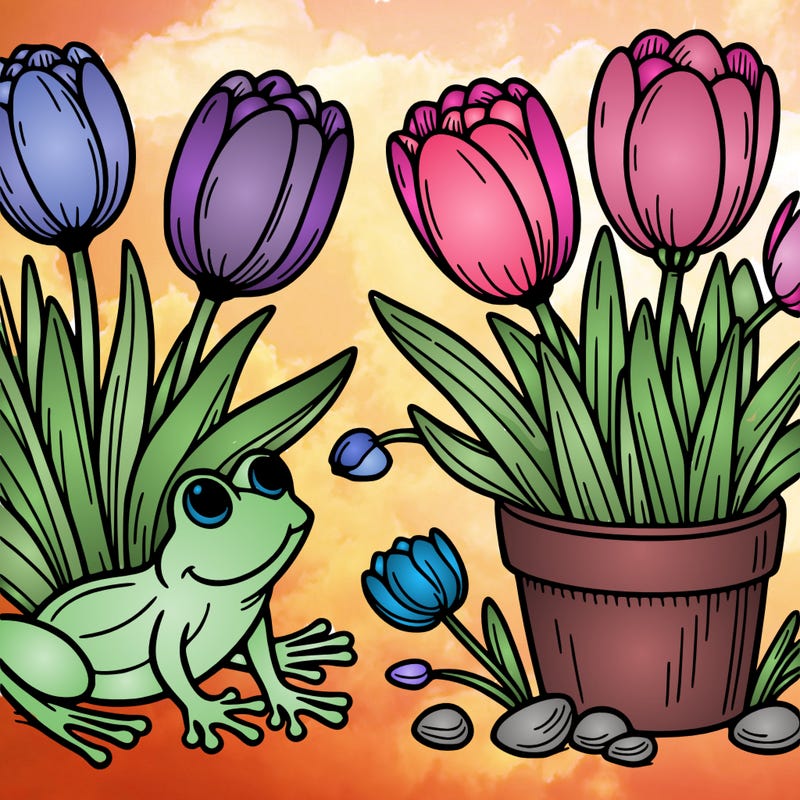 tulips and a frog