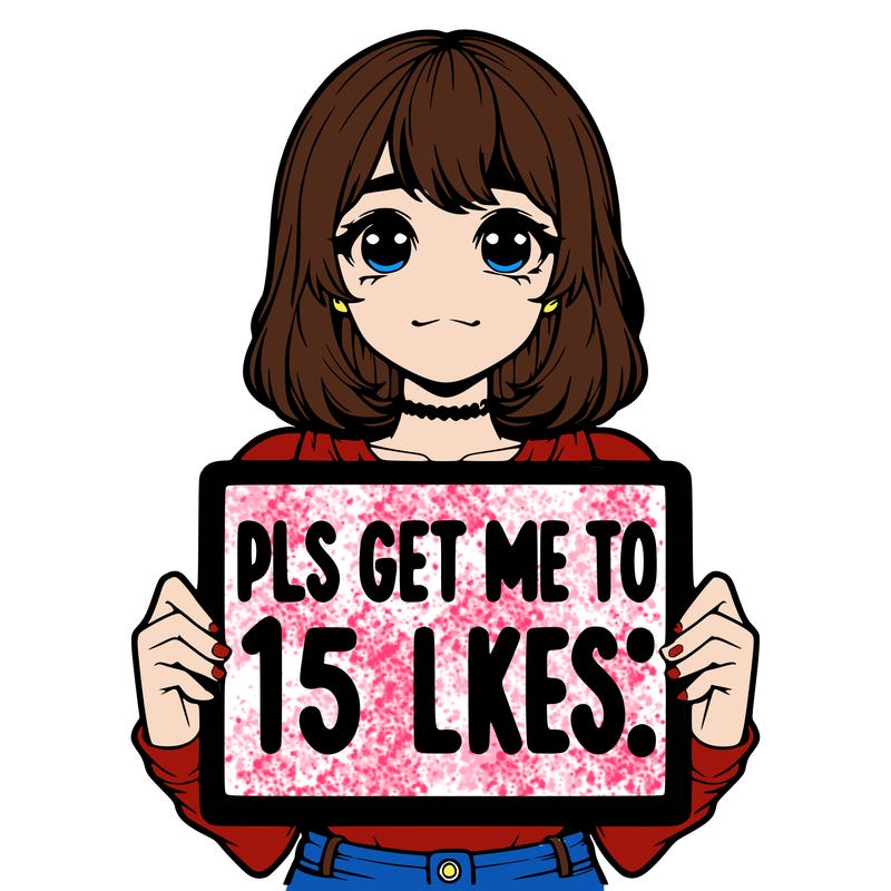 realistic girl holding up a sign that says “pls get me to 15 likes!”