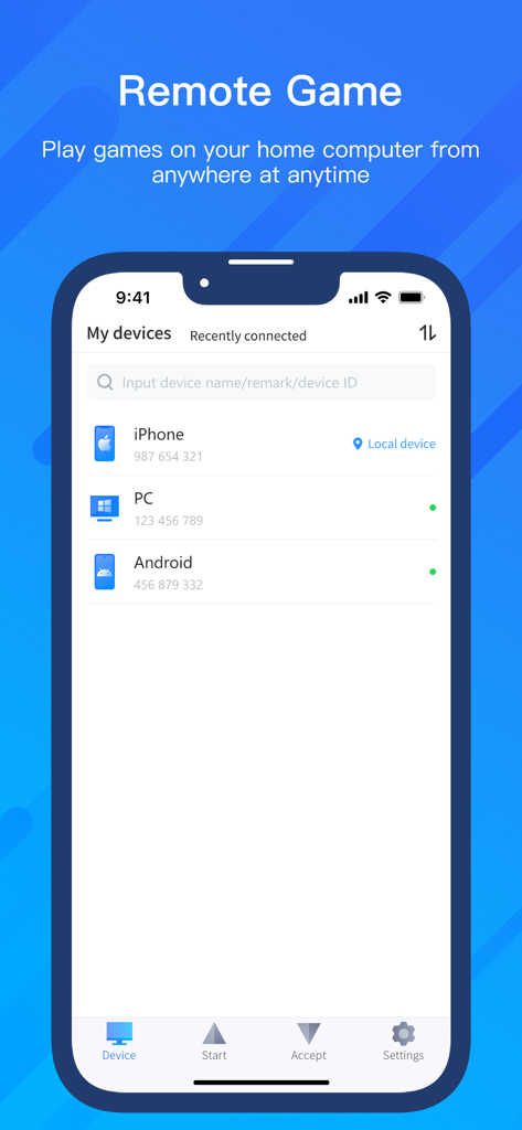 A mobile interface of AnyViewer Remote Desktop showing a list of connected devices including iPhone PC and Android for remote gaming and access