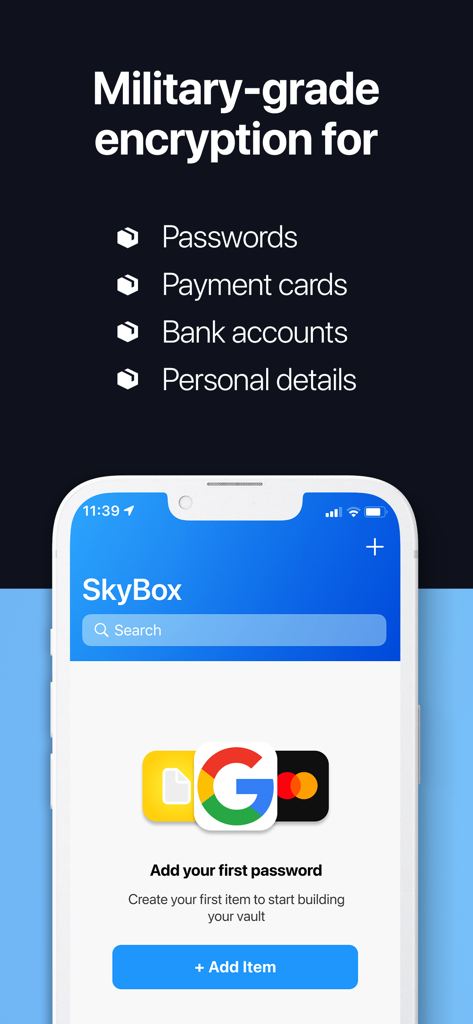 Password Manager App - SkyBox - Interfaz de la aplicación SkyBox password manager mostrando cifrado de grado militar para contraseñas y detalles financieros