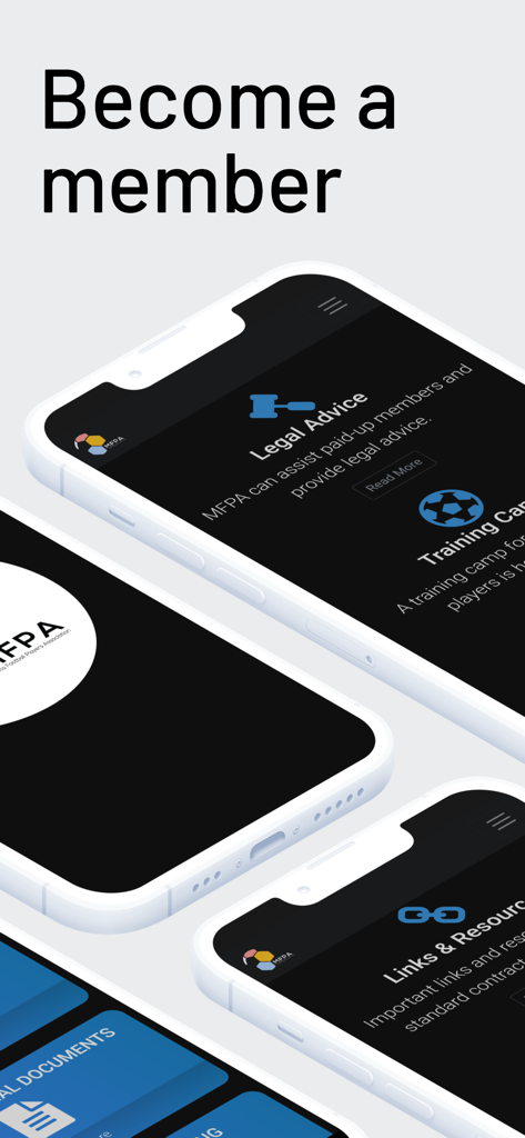MFPA - Vista isometrica di iPhone che mostrano l'interfaccia dell'app MFPA con consigli legali e informazioni sull'adesione.