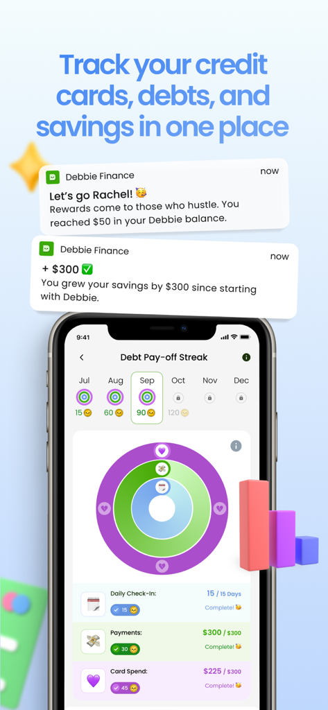 Debbie - Payoff, Save, Earn - Debbie app interface showing debt payoff streaks and savings rewards notifications