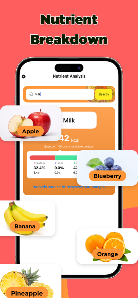 NutriGauge - NutriGauge app screen displaying nutrient breakdown and food analysis for fruits and milk