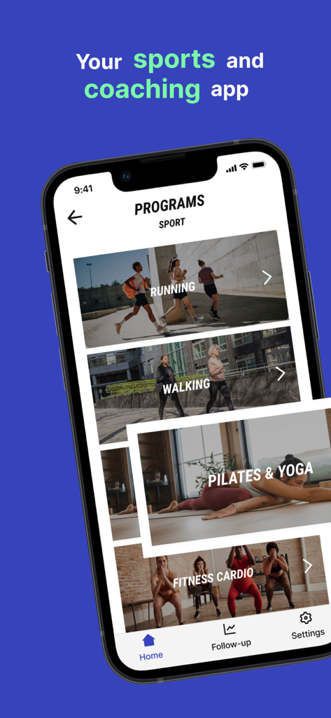 Application Decathlon Coach affichant les catégories d'entraînement, y compris la course à pied, la marche, le Pilates, le yoga et le cardio fitness.