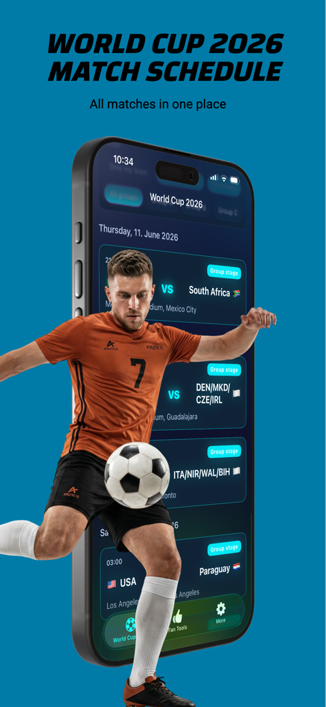 World Cup 2026 Schedule - 축구 선수가 공을 차는 모습이 담긴 2026 월드컵 경기 일정 앱을 표시하는 아이폰 화면