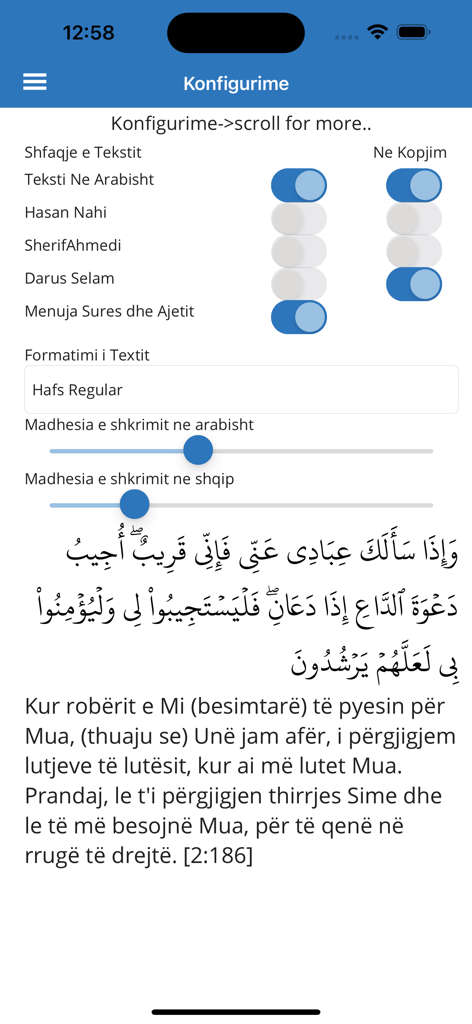 Kurani - The settings screen of the Kurani mobile app showing font size sliders and translation toggle options in Albanian.