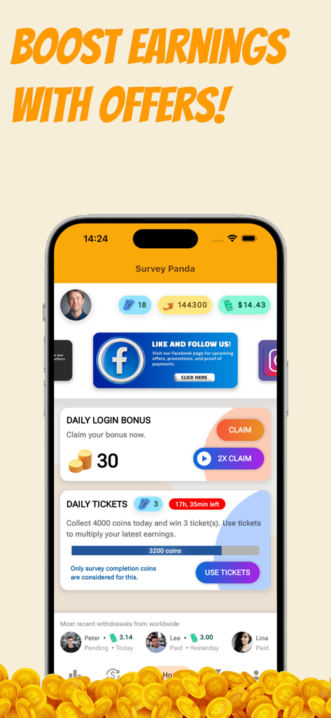 Earn Rewards with Survey Panda - Painel do aplicativo Survey Panda mostrando bônus diários e recompensas em dinheiro