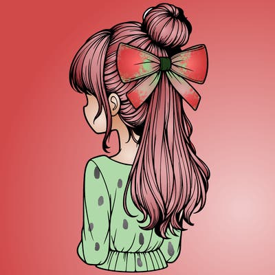 realistic girl  with hip length hair a bun and a big bow on the back of head