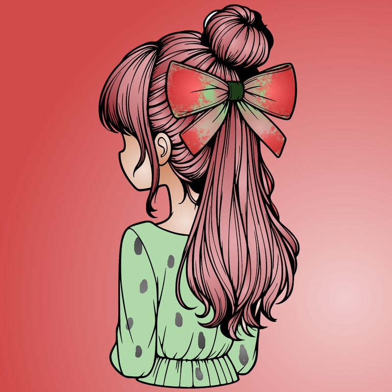 realistic girl  with hip length hair a bun and a big bow on the back of head