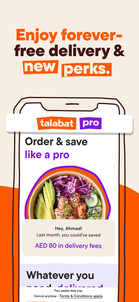 Talabat Pro app interface showing promotional offer for free delivery and savings on food orders