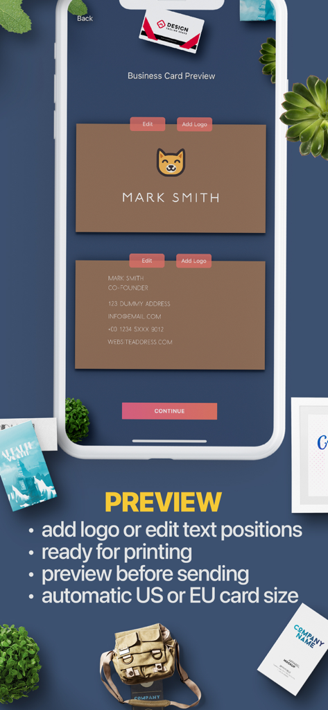 AI Business Card Maker QR - テキストの編集やロゴの追加オプションが表示された名刺プレビューを示すモバイルアプリインターフェイス