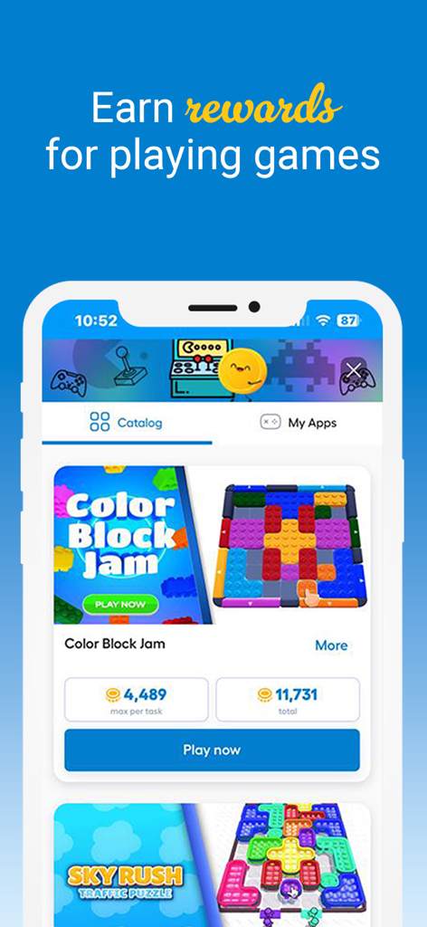 A mobile screen from the CoinOut app displaying the CoinPlay feature where users can earn coins by playing casual mobile games