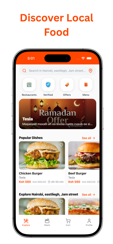 Ecrã inicial do aplicativo de descoberta de comida Dhadhan mostrando pratos populares e categorias de comida local