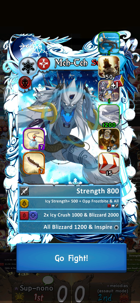 Eredan Arena - Vista dettagliata della carta personaggio Meh-Teh in Eredan Arena che mostra abilità gelide e statistiche di battaglia