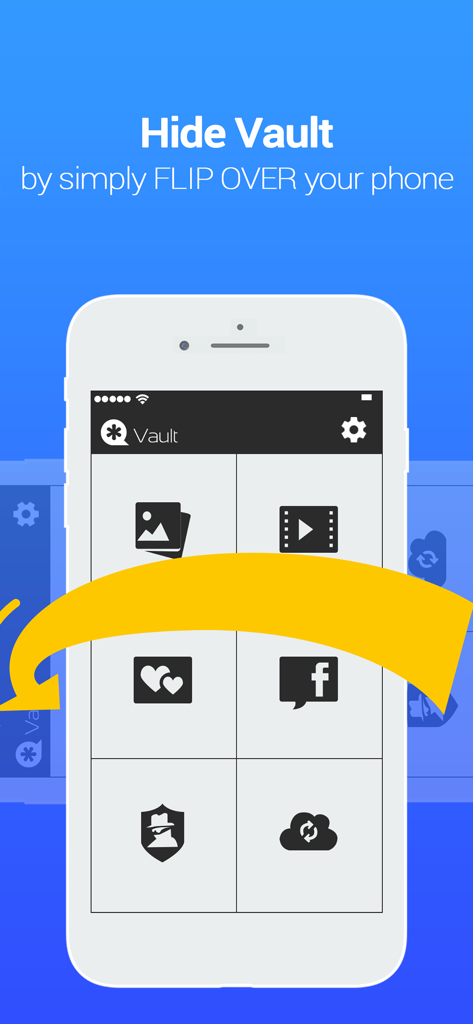 Vaultアプリのインターフェース。電話を裏返すことで隠す機能を表示しています。
