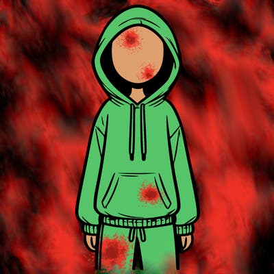 faceless girl in a tracksuit with a hood on and no hair