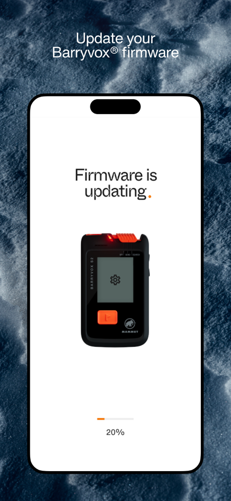 Barryvox® Mammut - Smartphone screen showing a firmware update in progress for a Mammut Barryvox avalanche transceiver