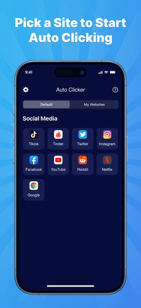 Auto Clicker app interface showing social media platform icons for automated tapping