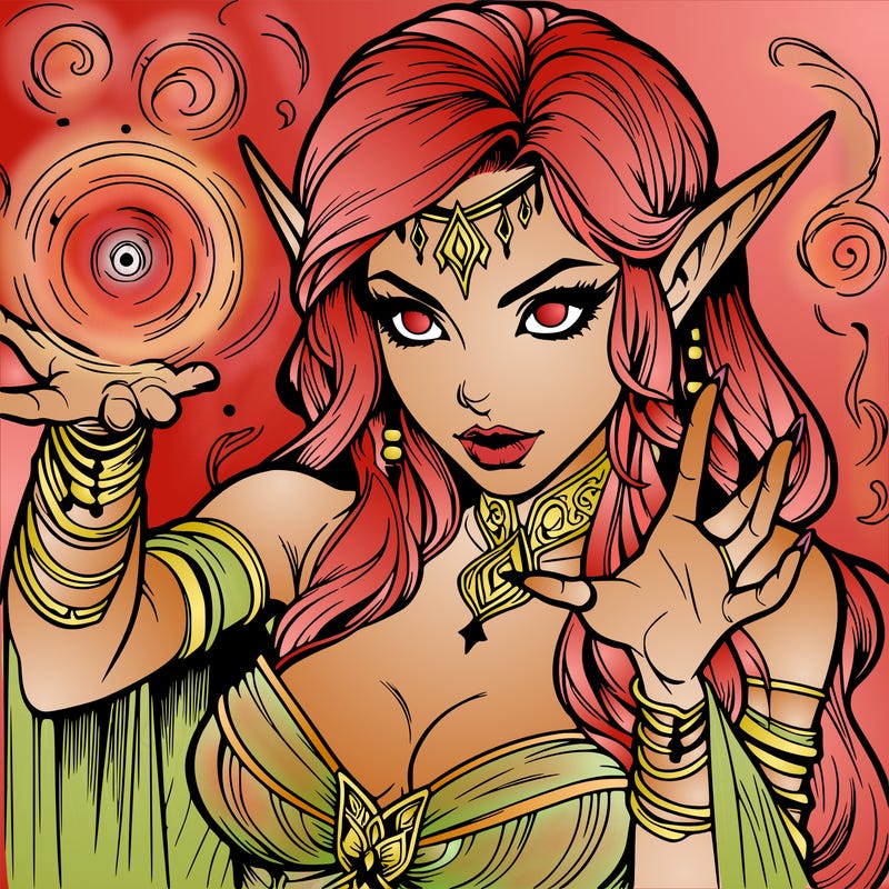 realistic scary beautiful elf sorceress casting spell