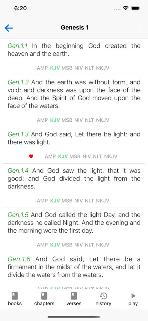 Screenshot of the MultiVersion Bible app interface displaying Genesis 1 verses and multiple translation tabs