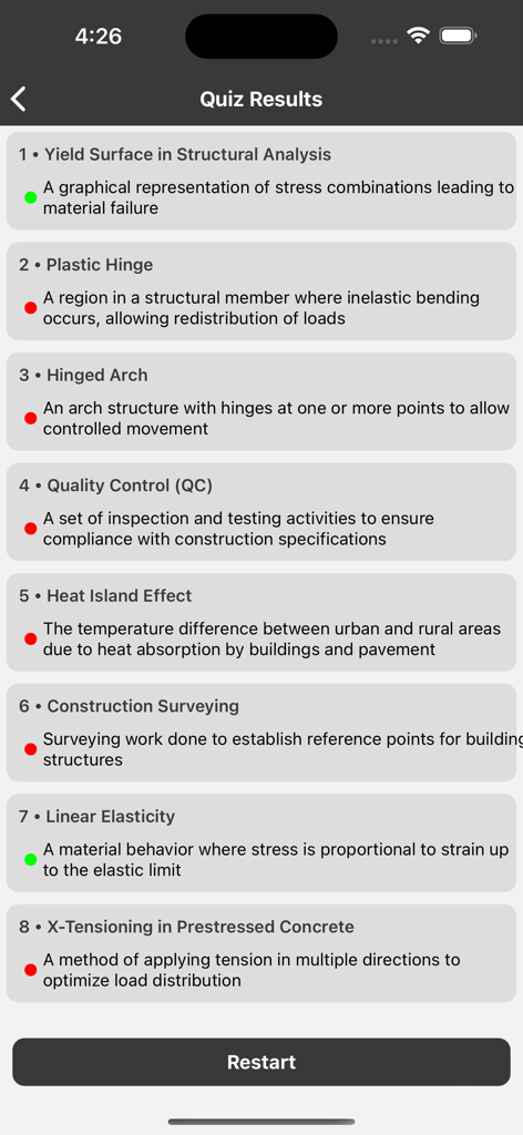 Civil Engineering Terms - Mobile app screen showing results of a civil engineering terminology quiz with a list of terms and their definitions