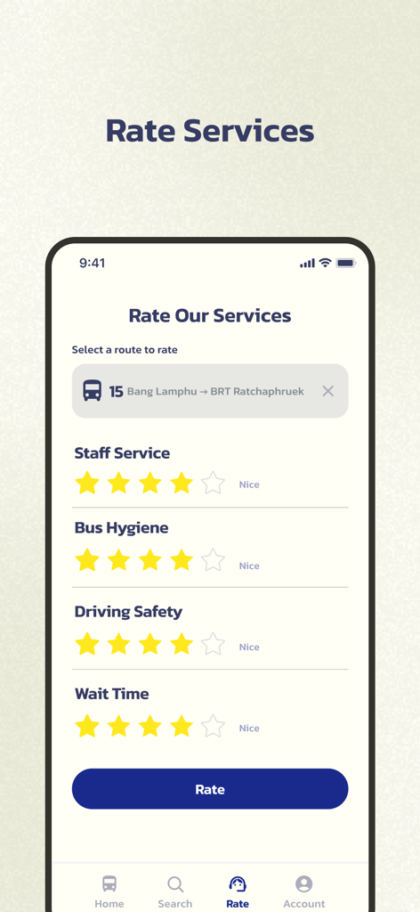 Rating page in the BMTA BUS mobile app showing options to rate staff bus hygiene safety and wait time
