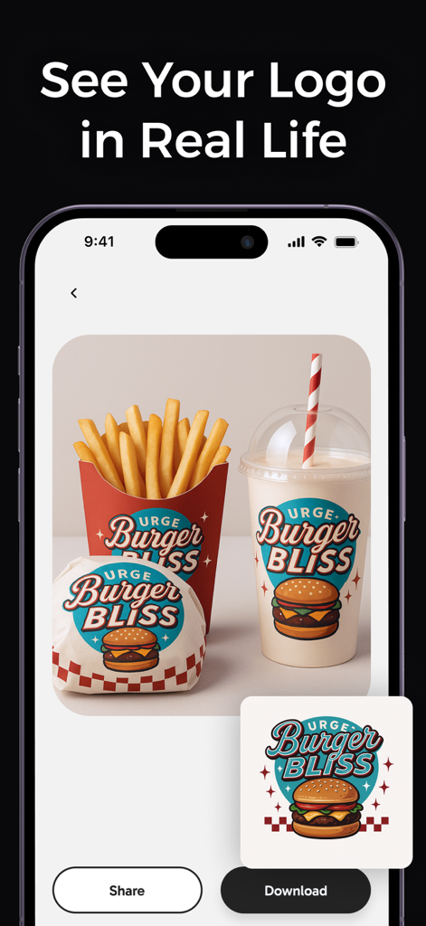 Logo Design: AI Logo Maker - Maqueta de diseño de logo que muestra un logo de marca de hamburguesas en empaques de comida para ver la marca en la vida real