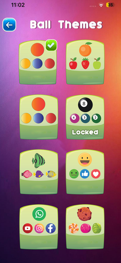 Ball Sort : Puzzle Color Game - Ball Sort Puzzle game menu displaying various customizable ball themes like fruits, emojis, and social media icons.
