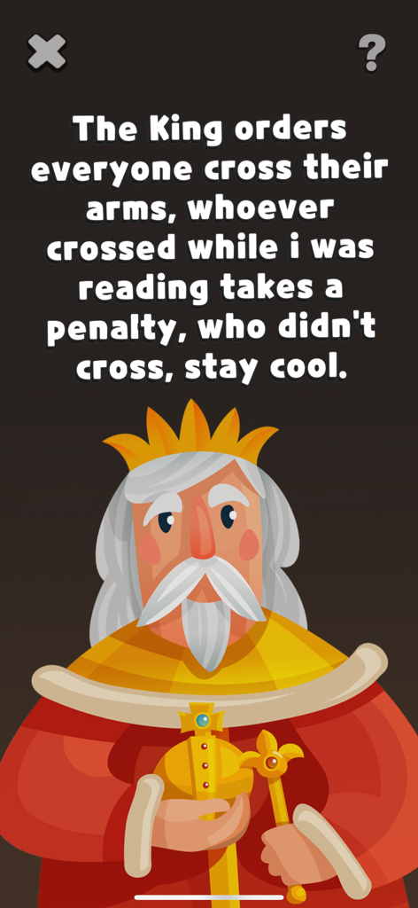 Hey, Dare! Adult Party Games - Un personaje de rey de dibujos animados presentando un desafío en la aplicación del juego de fiesta para adultos Hey Dare