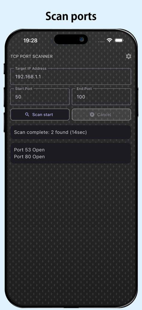 TCP Port Scanner - TCP Port Scanner App-Oberfläche, die offene Ports während eines Netzwerkscans anzeigt