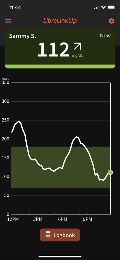 LibreLinkUp app interface in dark mode showing a real-time glucose level of 112 mg/dL and a trend graph for remote monitoring.