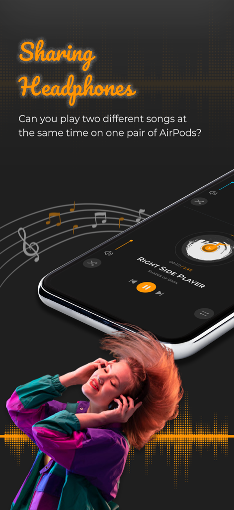 Interface of Split Music Player showing how to play two different songs on one pair of AirPods