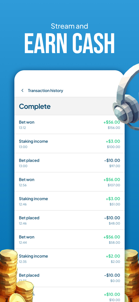 Players' Lounge - Pantalla de historial de transacciones en la aplicación Players Lounge que muestra el efectivo ganado con apuestas ganadas y desafíos de juego