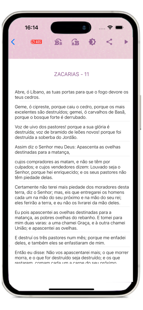 Reading interface of the Biblia da Mulher app showing Portuguese scripture with feminine design and audio controls