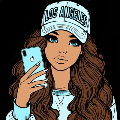 realistic beautiful girl wearing los ángeles cap holding an iphone