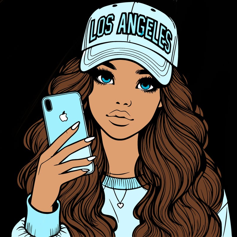 realistic beautiful girl wearing los ángeles cap holding an iphone