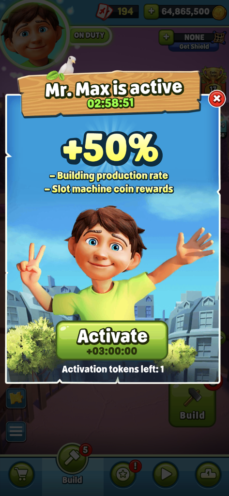 건설 생산 및 슬롯 머신 보상에 대한 활성 보너스를 보여주는 코인 트립 게임 화면